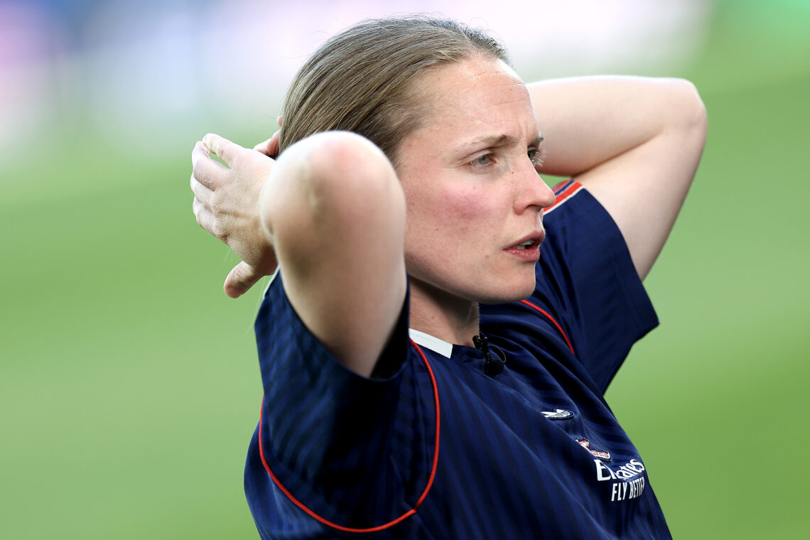 Kim Little of Arsenal is interviewed ahead of the UEFA Women's Champions League Final 2025 between FC Barcelona and Arsenal WFC at Estadio Jose Alv...