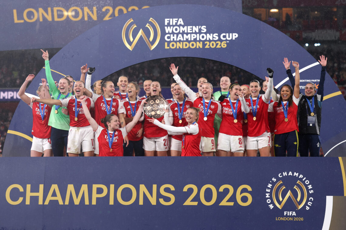 Kim Little and Leah Williamson of Arsenal lift the FIFA Women's Champions Cup Trophy following their victory in the FIFA Women's Champions Cup 2026...