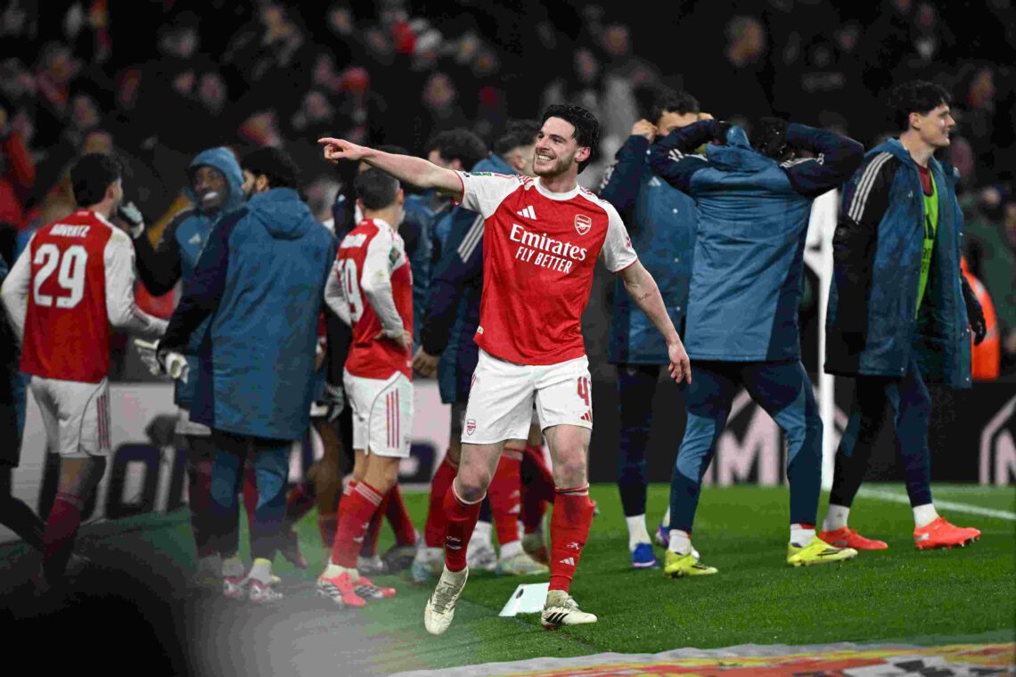 Declan Rice of Arsenal celebrates after teammate Kai Havertz (obscured) scored the team's first goal during the Carabao Cup Semi Final Second Leg m...