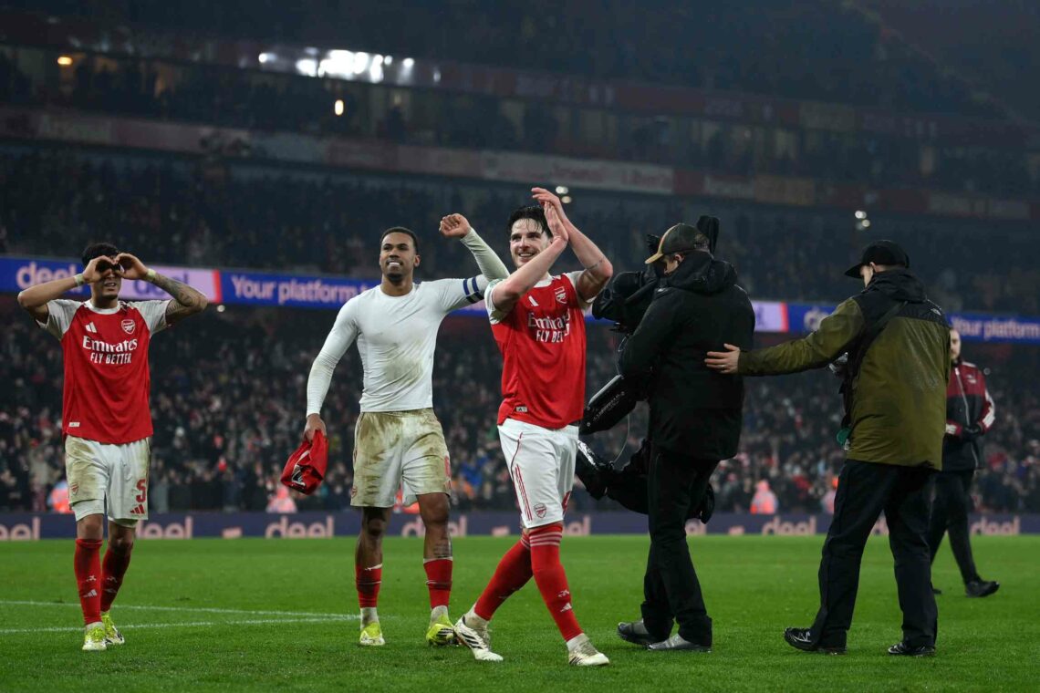 Piero Hincapie, Gabriel and Declan Rice of Arsenal celebrate following their team's victory during the Carabao Cup Semi Final Second Leg match betw...