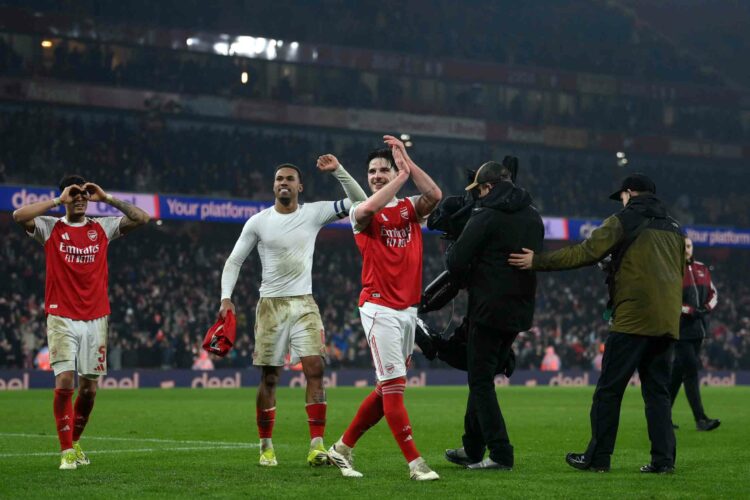Piero Hincapie, Gabriel and Declan Rice of Arsenal celebrate following their team's victory during the Carabao Cup Semi Final Second Leg match betw...