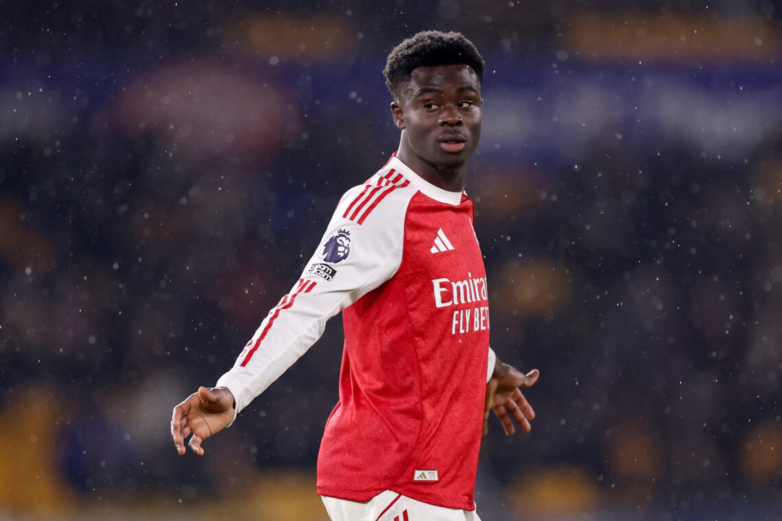 Bukayo Saka of Arsenal reacts during the Premier League match between Wolverhampton Wanderers and Arsenal at Molineux on February 18, 2026 in Wolve...