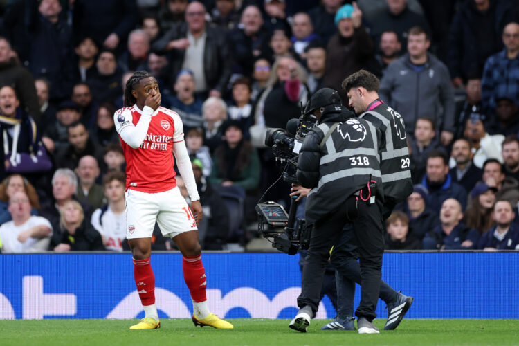 Eberechi Eze of Arsenal celebrates scoring his team's first goal during the Premier League match between Tottenham Hotspur and Arsenal at Tottenham...