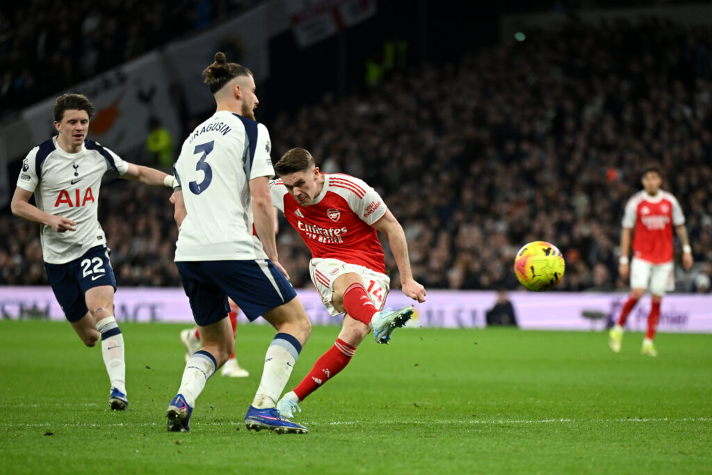LONDON, ENGLAND - FEBRUARY 22: Viktor Gyoekeres of Arsenal scores his team's second goal during the Premier League match between Tottenham Hotspur and Arsenal at Tottenham Hotspur Stadium on February 22, 2026 in London, England. (Photo by Mike Hewitt/Getty Images)