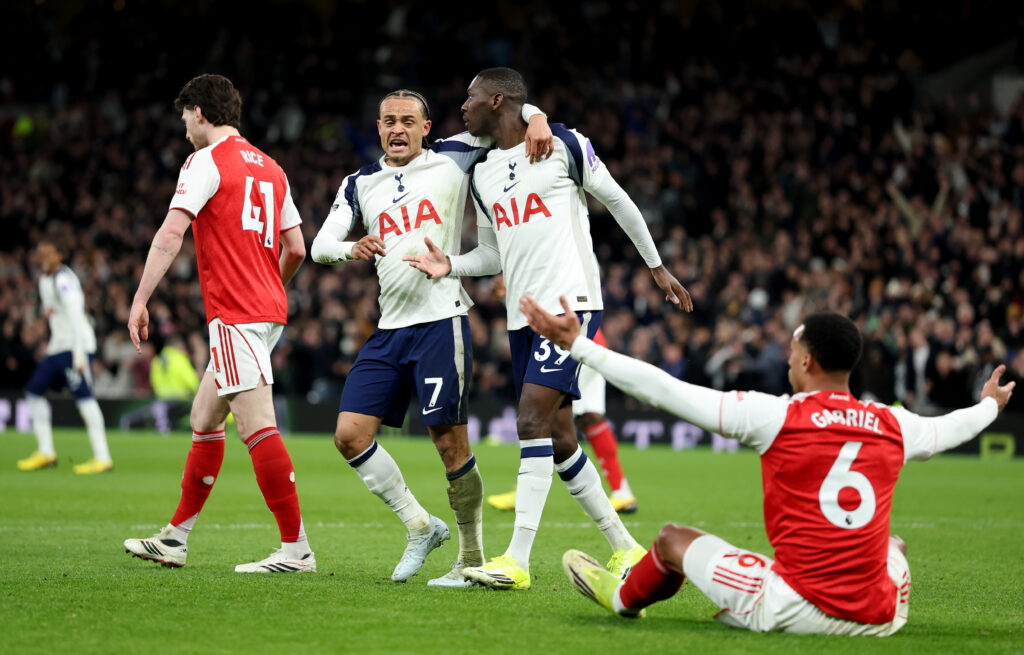 LONDON, ENGLAND - FEBRUARY 22: Randal Kolo Muani of Tottenham Hotspur celebrates with teammate Xavi Simons after scoring a goal which is later disallowed for a foul on Gabriel of Arsenal during the Premier League match between Tottenham Hotspur and Arsenal at Tottenham Hotspur Stadium on February 22, 2026 in London, England. (Photo by Justin Setterfield/Getty Images)