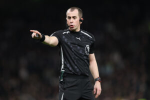 LONDON, ENGLAND - FEBRUARY 22: Referee Peter Bankes gestures during the Premier League match between Tottenham Hotspur and Arsenal at Tottenham Hotspur Stadium on February 22, 2026 in London, England. (Photo by Justin Setterfield/Getty Images)