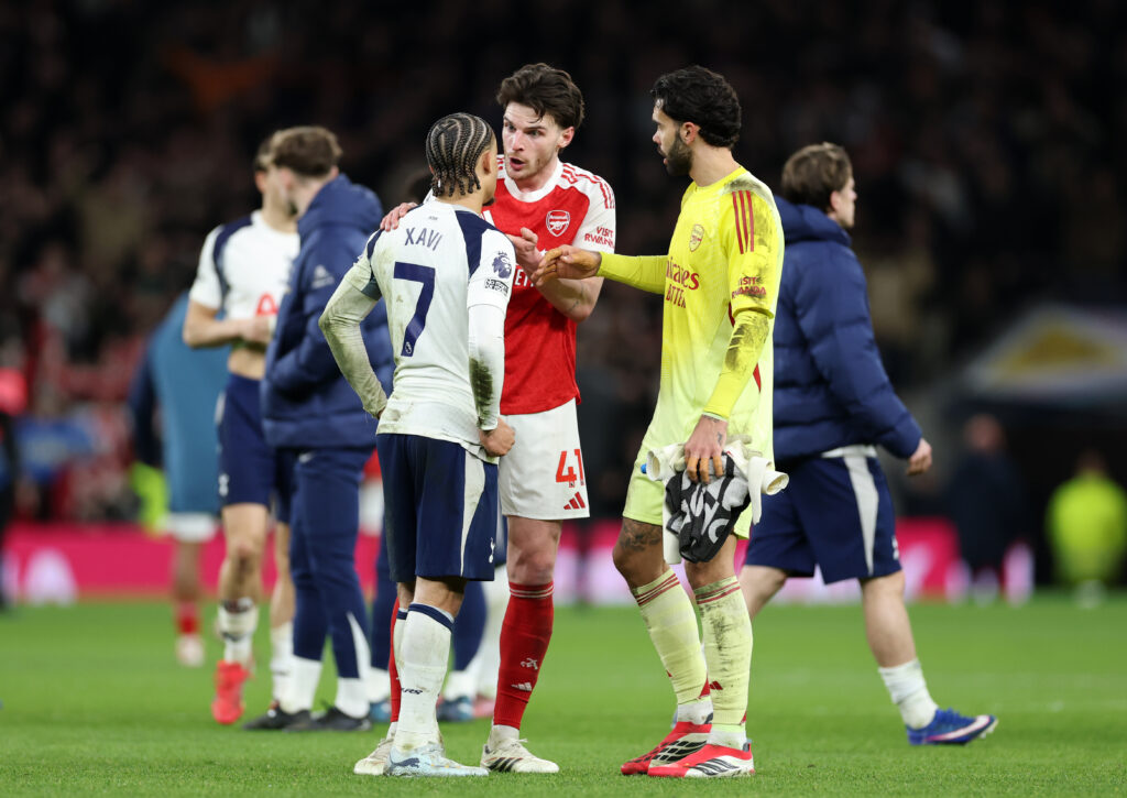 Arsenal star wants Ballon d'Or consideration 3 LONDON, ENGLAND - FEBRUARY 22: Xavi Simons of Tottenham Hotspur interacts with Declan Rice and David Raya of Arsenal at full-time following the Premier League match between Tottenham Hotspur and Arsenal at Tottenham Hotspur Stadium on February 22, 2026 in London, England. (Photo by Justin Setterfield/Getty Images)