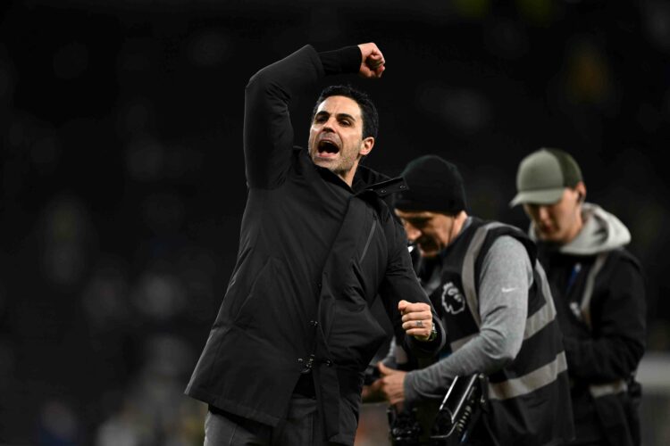 Mikel Arteta, Manager of Arsenal, celebrates following the team's victory in the Premier League match between Tottenham Hotspur and Arsenal at Tott...
