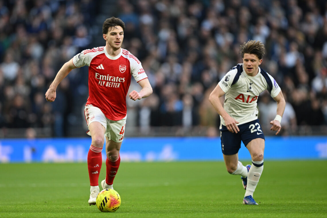Declan Rice of Arsenal gets away from Conor Gallagher of Tottenham Hotspur during the Premier League match between Tottenham Hotspur and Arsenal at...