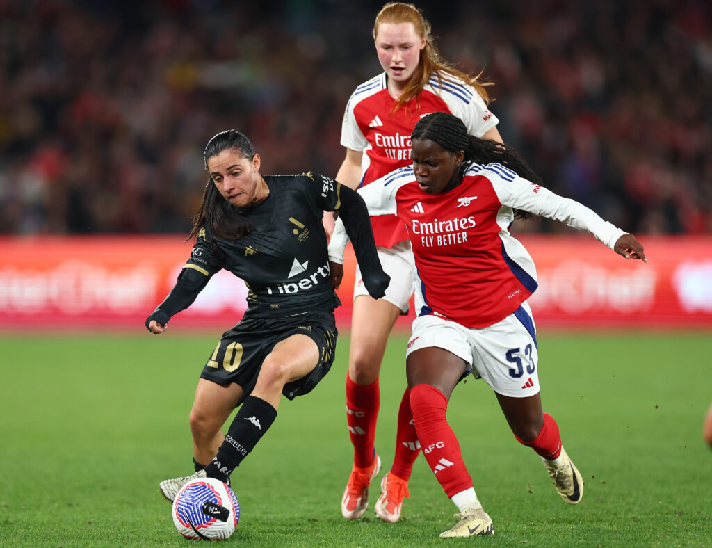 MELBOURNE, AUSTRALIA - MAY 24: Alex Chidiac of the All Stars is challenged by Katie Reid and Vivienne Lia of Arsenal during the exhibition match between A-League All Stars Women and Arsenal Women FC at Marvel Stadium on May 24, 2024 in Melbourne, Australia. (Photo by Quinn Rooney/Getty Images)