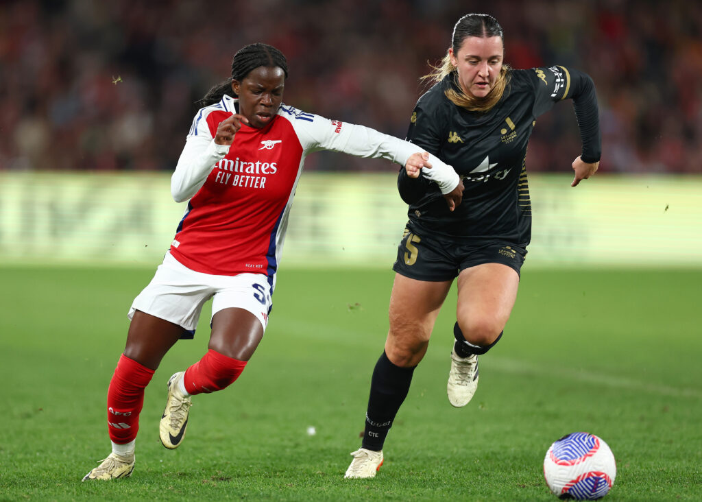 MELBOURNE, AUSTRALIA - MAY 24: Vivienne Lia of Arsenal controls the ball infront of Micheala Foster of the All Stars during the exhibition match between A-League All Stars Women and Arsenal Women FC at Marvel Stadium on May 24, 2024 in Melbourne, Australia. (Photo by Quinn Rooney/Getty Images)
