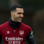 LONDON COLNEY, ENGLAND - JANUARY 19: Mikel Merino of Arsenal reacts during an Arsenal Training Session at Sobha Realty Training Centre on January 19, 2026 in London Colney, England. (Photo by Jasper Wax/Getty Images)