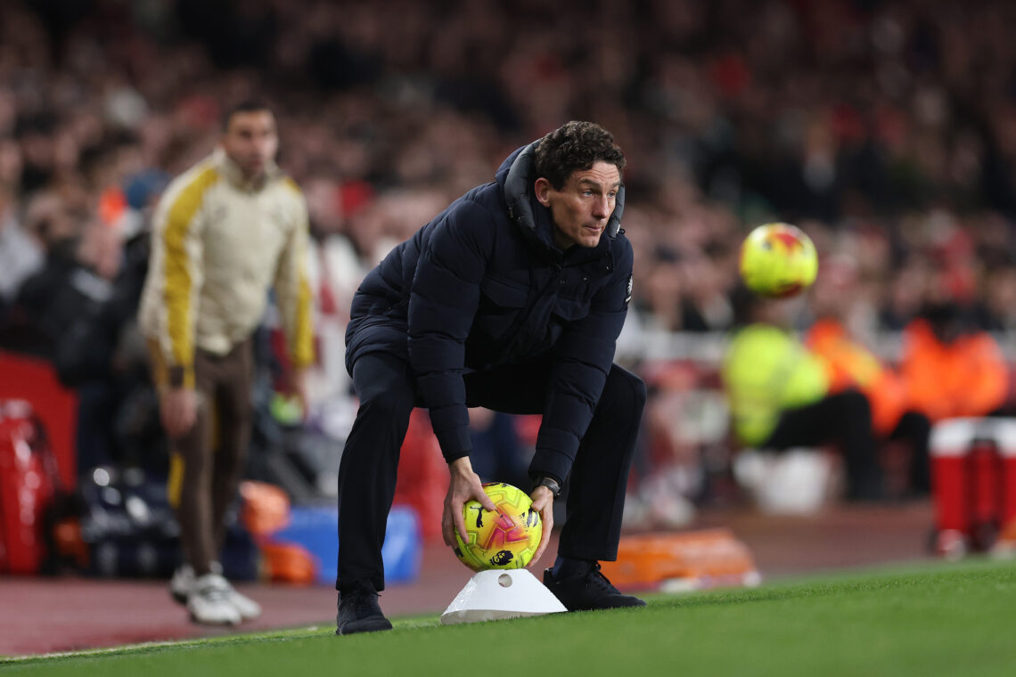 LONDON, ENGLAND - DECEMBER 03: Keith Andrews, Manager of Brentford, throws the ball during the Premier League match between Arsenal and Brentford a...