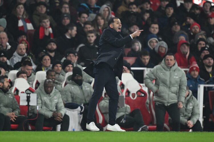 Liam Rosenior, Manager of Chelsea, reacts during the Carabao Cup Semi Final Second Leg match between Arsenal and Chelsea at Emirates Stadium on Feb...