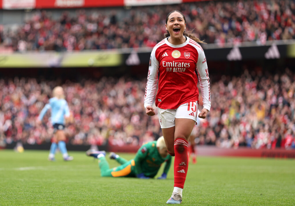 LONDON, ENGLAND - FEBRUARY 08: Olivia Smith of Arsenal celebrates scoring her team's first goal during the Barclays Women's Super League match between Arsenal and Manchester City at Emirates Stadium on February 08, 2026 in London, England. (Photo by Harry Murphy/Getty Images)