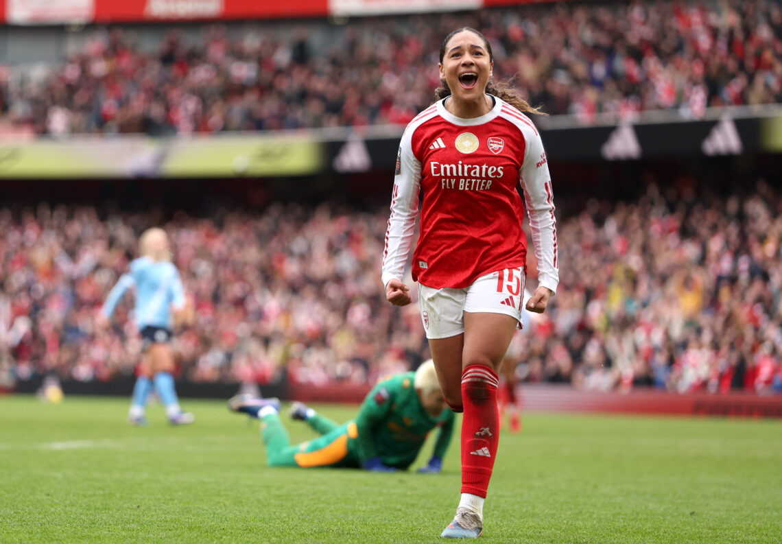 LONDON, ENGLAND - FEBRUARY 08: Olivia Smith of Arsenal celebrates scoring her team's first goal during the Barclays Women's Super League match betw...
