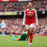 LONDON, ENGLAND - FEBRUARY 08: Olivia Smith of Arsenal celebrates scoring her team's first goal during the Barclays Women's Super League match between Arsenal and Manchester City at Emirates Stadium on February 08, 2026 in London, England. (Photo by Harry Murphy/Getty Images)