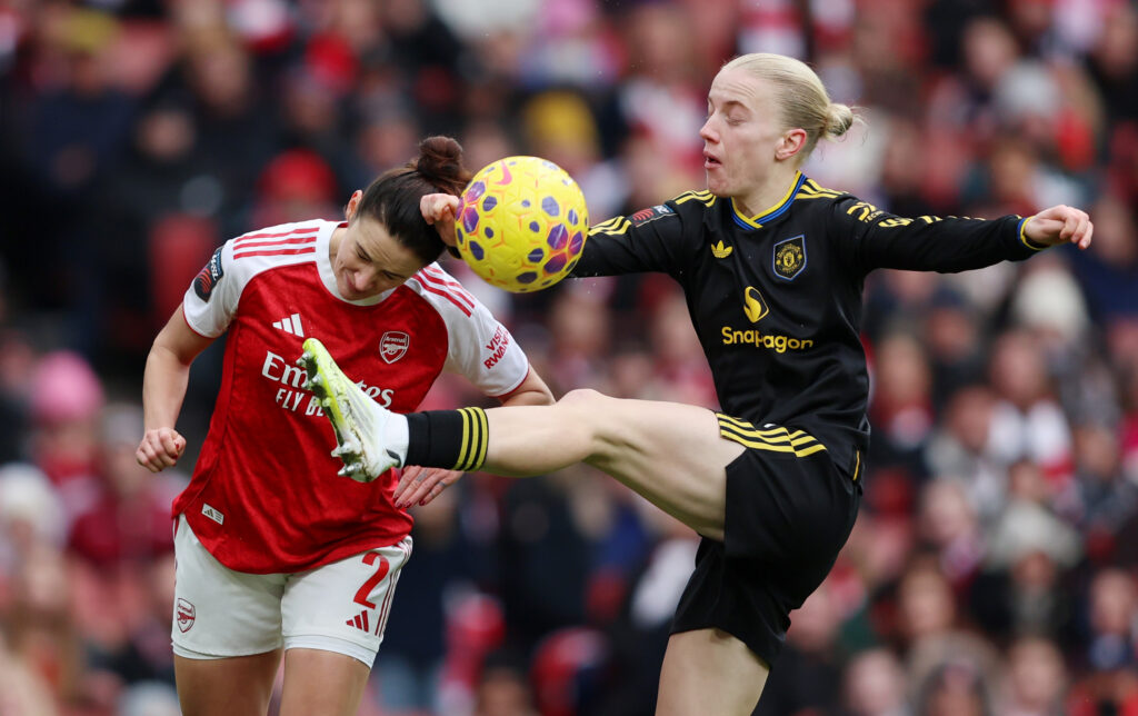Arsenal defender called up for SheBelieves Cup in March 2 LONDON, ENGLAND - JANUARY 10: Emily Fox of Arsenal battles for possession with Anna Sandberg of Manchester United during the Barclays Women's Super League match between Arsenal and Manchester United at Emirates Stadium on January 10, 2026 in London, England. (Photo by Tom Dulat/Getty Images)