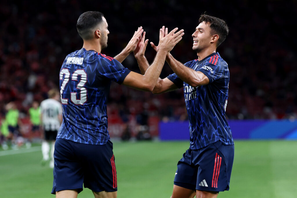 SINGAPORE, SINGAPORE - JULY 27: Mikel Merino of Arsenal celebrates with Martin Zubimendi after scoring the team's first goal during the Pre-Season Friendly between Arsenal FC and Newcastle United at the National Stadium on July 27, 2025 in Singapore. (Photo by Yong Teck Lim/Getty Images)