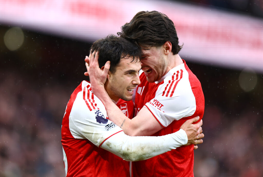 LONDON, ENGLAND - FEBRUARY 07: Martin Zubimendi of Arsenal celebrates scoring his team's first goal with teammate Declan Rice during the Premier League match between Arsenal and Sunderland at Emirates Stadium on February 07, 2026 in London, England. (Photo by Mark Thompson/Getty Images)