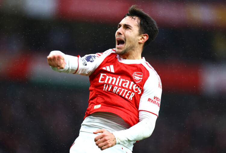 LONDON, ENGLAND - FEBRUARY 07: Martin Zubimendi of Arsenal celebrates scoring his team's first goal during the Premier League match between Arsenal...