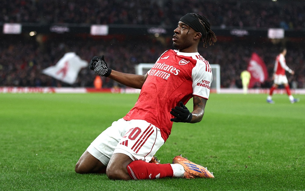 Noni Madueke of Arsenal celebrates scoring his team's first goal during the Emirates FA Cup Fourth Round match between Arsenal and Wigan Athletic on February 15, 2026 in London, England. (Photo by James Fearn/Getty Images)
