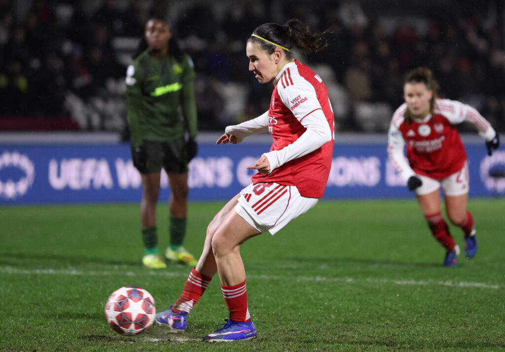 BOREHAMWOOD, ENGLAND - FEBRUARY 18: Mariona Caldentey of Arsenal scores her team's second goal from the penalty spot during the UEFA Women's Champions League 2025/26 KO play-offs Second Leg match between Arsenal Women FC and OH Leuven at Meadow Park on February 18, 2026 in Borehamwood, England. (Photo by Justin Setterfield/Getty Images)