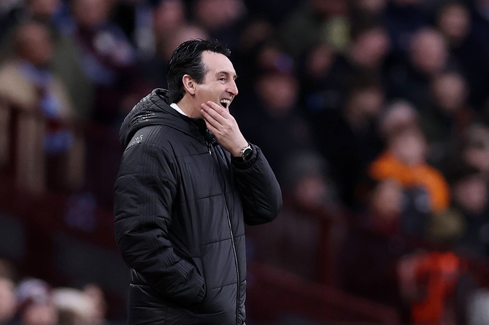 Unai Emery, Manager of Aston Villa, reacts during the Premier League match between Aston Villa and Leeds United at Villa Park on February 21, 2026 ...