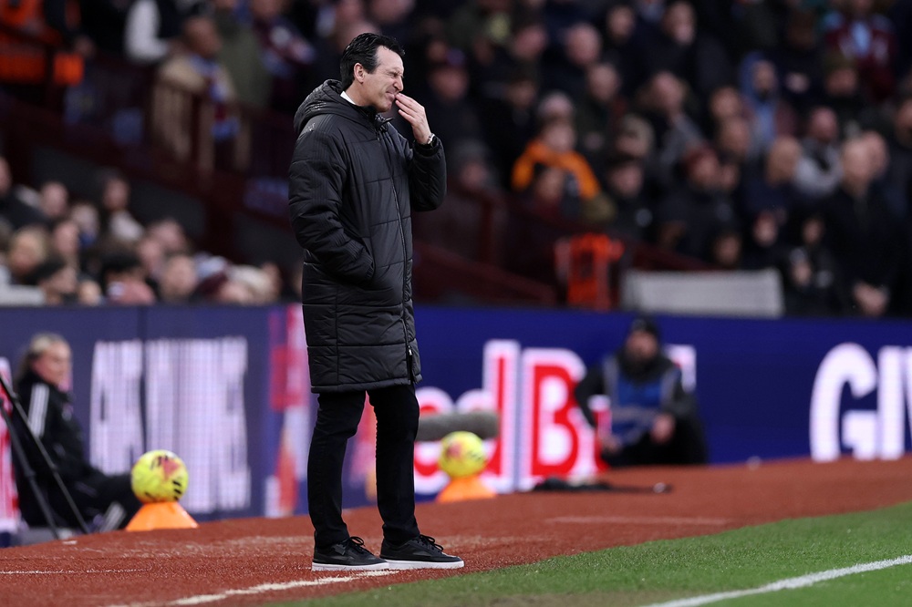 Unai Emery, Manager of Aston Villa, reacts during the Premier League match between Aston Villa and Leeds United at Villa Park on February 21, 2026 in Birmingham, England. (Photo by Naomi Baker/Getty Images)
