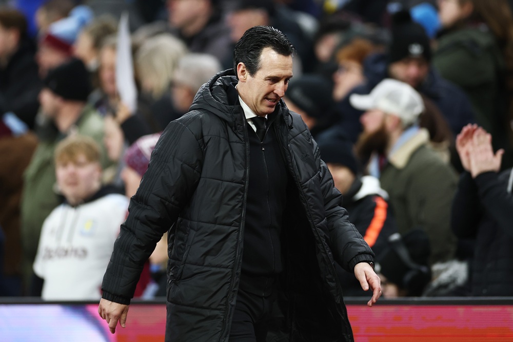 Unai Emery, Manager of Aston Villa, reacts during the Emirates FA Cup Fourth Round match between Aston Villa and Newcastle United at Villa Park on February 14, 2026 in Birmingham, England. (Photo by Dan Istitene/Getty Images)