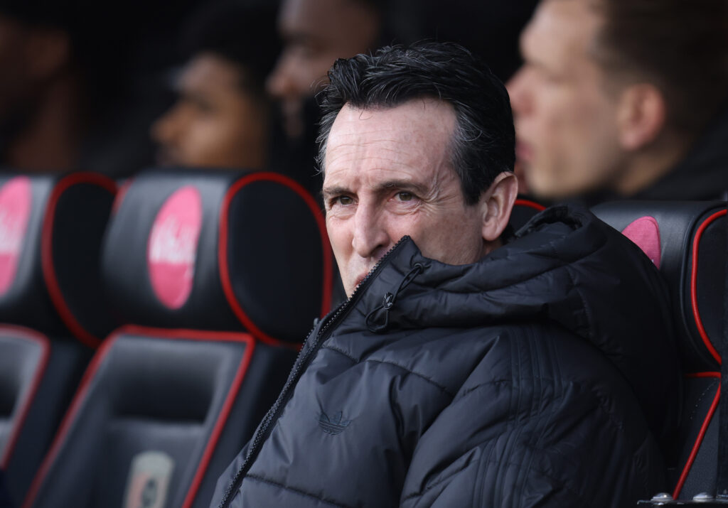 BOURNEMOUTH, ENGLAND - FEBRUARY 07: Unai Emery, Manager of Aston Villa, looks on during the Premier League match between Bournemouth and Aston Villa at Vitality Stadium on February 07, 2026 in Bournemouth, England. (Photo by Charlie Crowhurst/Getty Images)