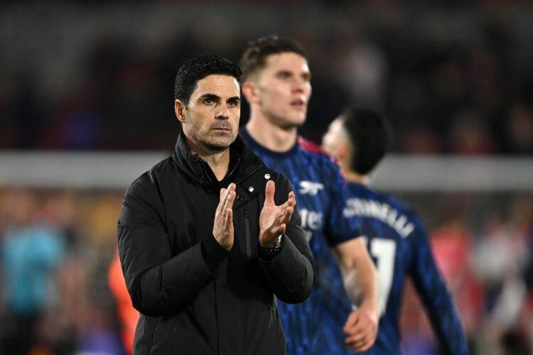 BRENTFORD, ENGLAND - FEBRUARY 12: Mikel Arteta, Manager of Arsenal, applauds the fans following the Premier League match between Brentford and Arse...