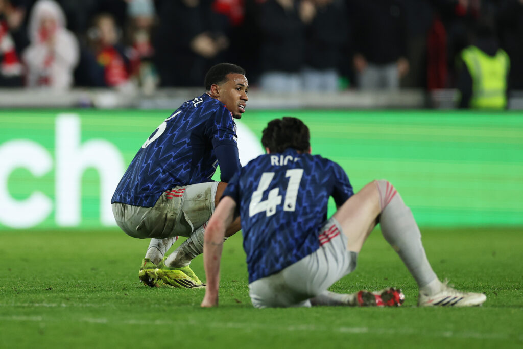BRENTFORD, ENGLAND - FEBRUARY 12: Gabriel of Arsenal reacts at full time after the Premier League match between Brentford and Arsenal at Gtech Community Stadium on February 12, 2026 in Brentford, England. (Photo by Eddie Keogh/Getty Images)
