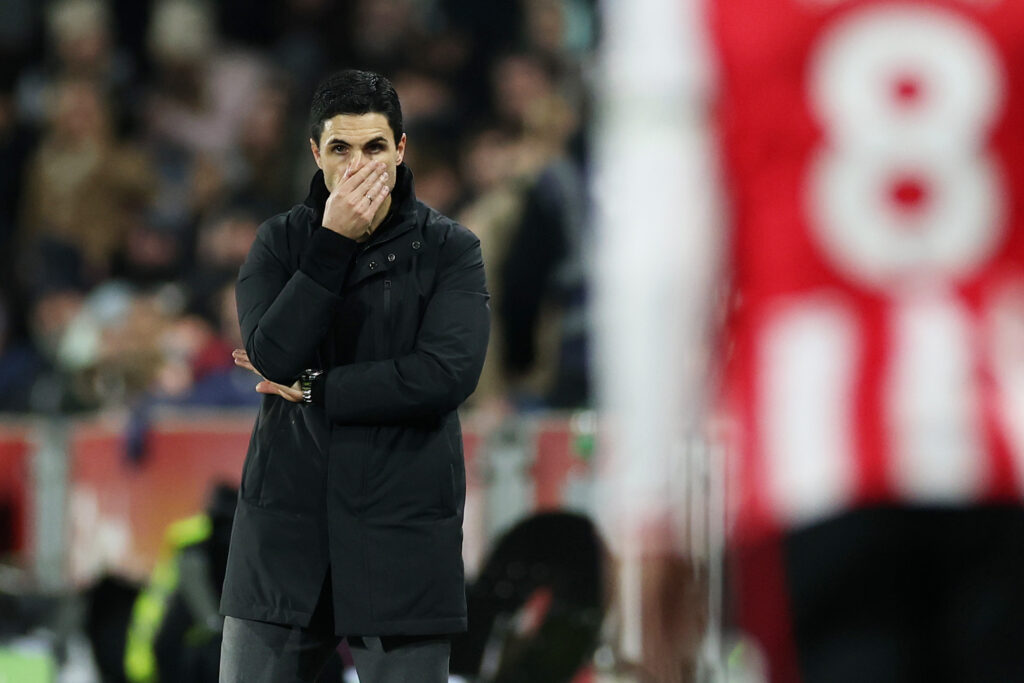 BRENTFORD, ENGLAND - FEBRUARY 12: Mikel Arteta, Manager of Arsenal, reacts during the Premier League match between Brentford and Arsenal at Gtech Community Stadium on February 12, 2026 in Brentford, England. (Photo by Eddie Keogh/Getty Images)