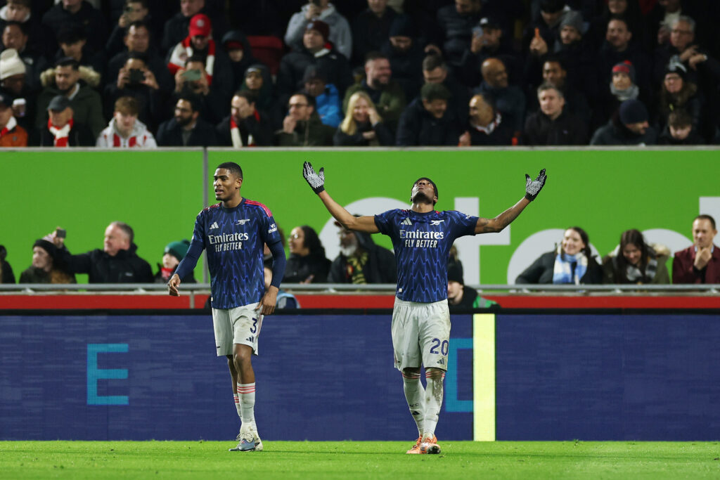 BRENTFORD, ENGLAND - FEBRUARY 12: Noni Madueke of Arsenal celebrates scoring his team's first goal during the Premier League match between Brentford and Arsenal at Gtech Community Stadium on February 12, 2026 in Brentford, England. (Photo by Eddie Keogh/Getty Images)