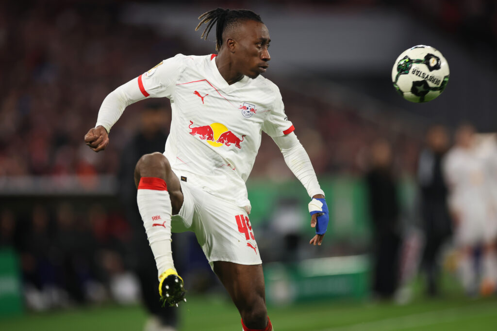 MUNICH, GERMANY - FEBRUARY 11: Yan Diomande of RB Leipzig controls the ball during the DFB Cup Quarter Final match between FC Bayern München and RB Leipzig at Allianz Arena on February 11, 2026 in Munich, Germany. (Photo by Alex Grimm/Getty Images)