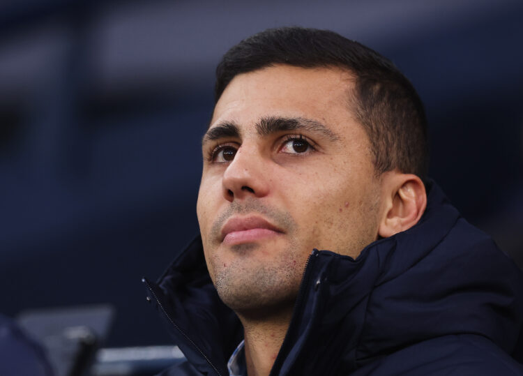 MANCHESTER, ENGLAND - NOVEMBER 02: Rodri of Manchester City looks on during the Premier League match between Manchester City and Bournemouth at Eti...