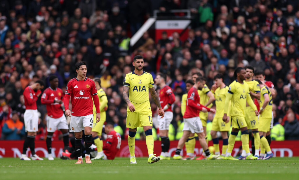 MANCHESTER, ENGLAND - FEBRUARY 07: Cristian Romero of Tottenham Hotspur looks on as he walks off the pitch after being shown a red card during the Premier League match between Manchester United and Tottenham Hotspur at Old Trafford on February 07, 2026 in Manchester, England. (Photo by Carl Recine/Getty Images)