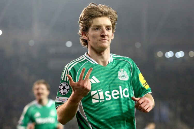 Anthony Gordon of Newcastle United celebrates scoring his team's third goal from the penalty spot during the UEFA Champions League 2025/26 League K...