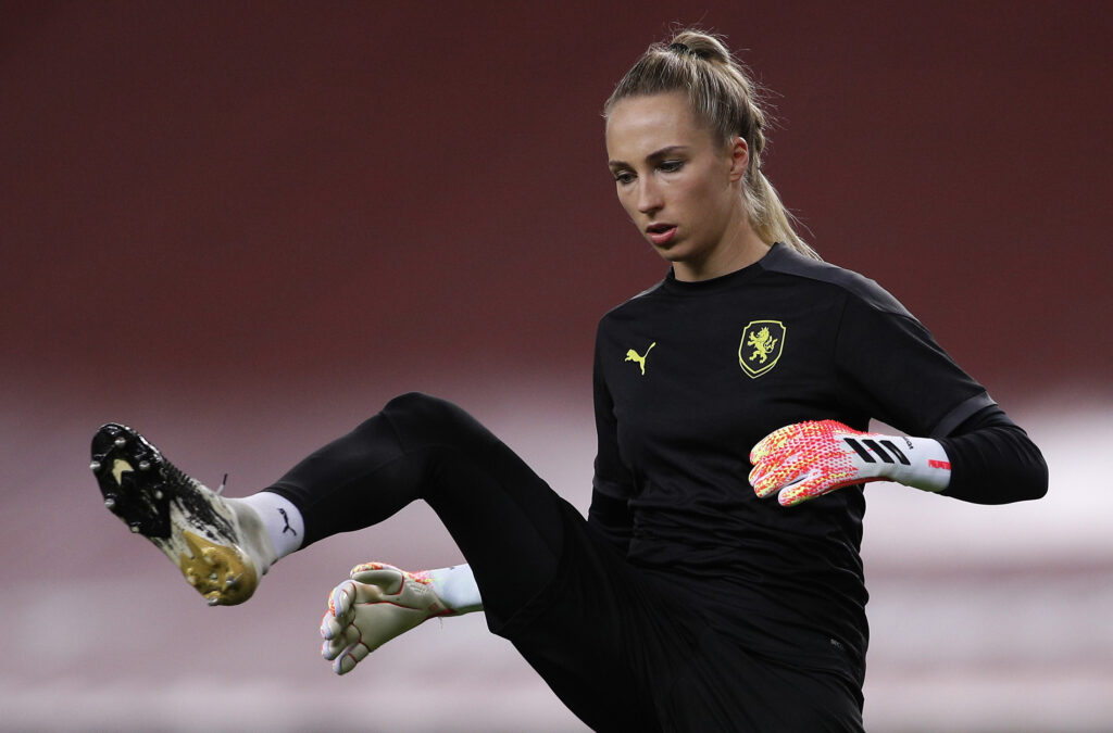 SEVILLE, SPAIN - OCTOBER 23: Goalkeeper Barbora Votikova of Czech Republic warms up for the UEFA Women's EURO 2022 qualifier match between Spain Women's and Czech Republic Women's at Estadio de La Cartuja on October 23, 2020 in Seville, Spain. Sporting stadiums around Spain remain under strict restrictions due to the Coronavirus Pandemic as Government social distancing laws prohibit fans inside venues resulting in games being played behind closed doors. (Photo by Fran Santiago/Getty Images)