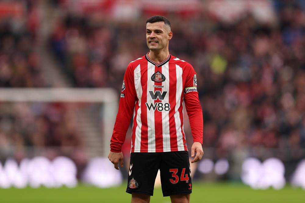 Granit Xhaka of Sunderland looks on during the Premier League match between Sunderland and Crystal Palace at Stadium of Light on January 17, 2026 in Sunderland, England. (Photo by George Wood/Getty Images)