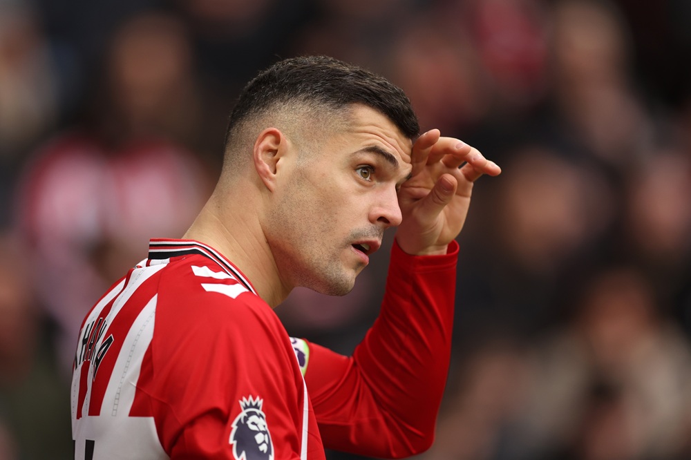 Granit Xhaka of Sunderland looks on during the Premier League match between Sunderland and Crystal Palace at Stadium of Light on January 17, 2026 i...