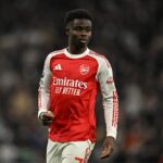 Bukayo Saka of Arsenal looks on during the Premier League match between Tottenham Hotspur and Arsenal at Tottenham Hotspur Stadium on February 22, 2026 in London, England. (Photo by Mike Hewitt/Getty Images)