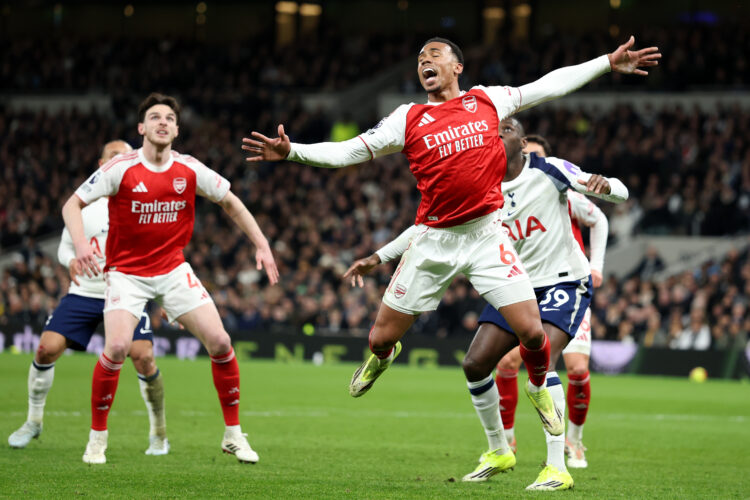 LONDON, ENGLAND - FEBRUARY 22: Gabriel of Arsenal reacts after being pushed by Randal Kolo Muani of Tottenham Hotspur leading to a disallowed goal ...