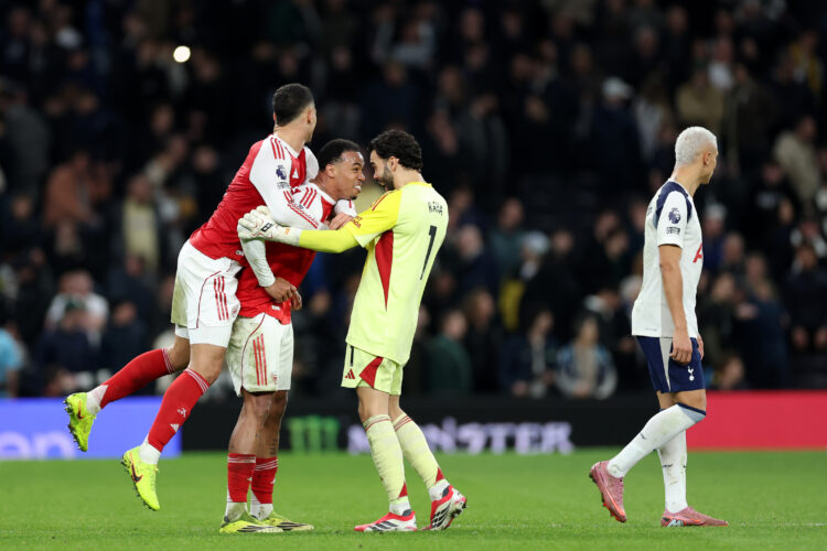 LONDON, ENGLAND - FEBRUARY 22: William Saliba, Gabriel and David Raya of Arsenal celebrate after teammate Viktor Gyoekeres (not pictured) scores hi...