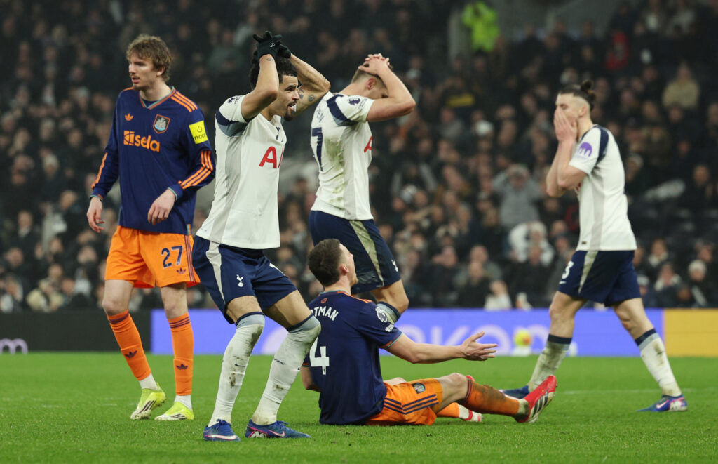 LONDON, ENGLAND - FEBRUARY 10: Dominic Solanke of Tottenham Hotspur reacts after a missed chance during the Premier League match between Tottenham Hotspur and Newcastle United at Tottenham Hotspur Stadium on February 10, 2026 in London, England. (Photo by Steve Bardens/Getty Images)