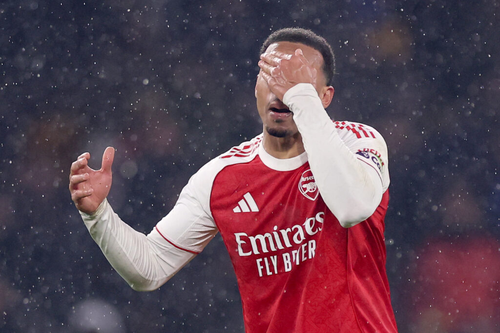 WOLVERHAMPTON, ENGLAND - FEBRUARY 18: Gabriel of Arsenal looks dejected following the Premier League match between Wolverhampton Wanderers and Arsenal at Molineux on February 18, 2026 in Wolverhampton, England. (Photo by Carl Recine/Getty Images)