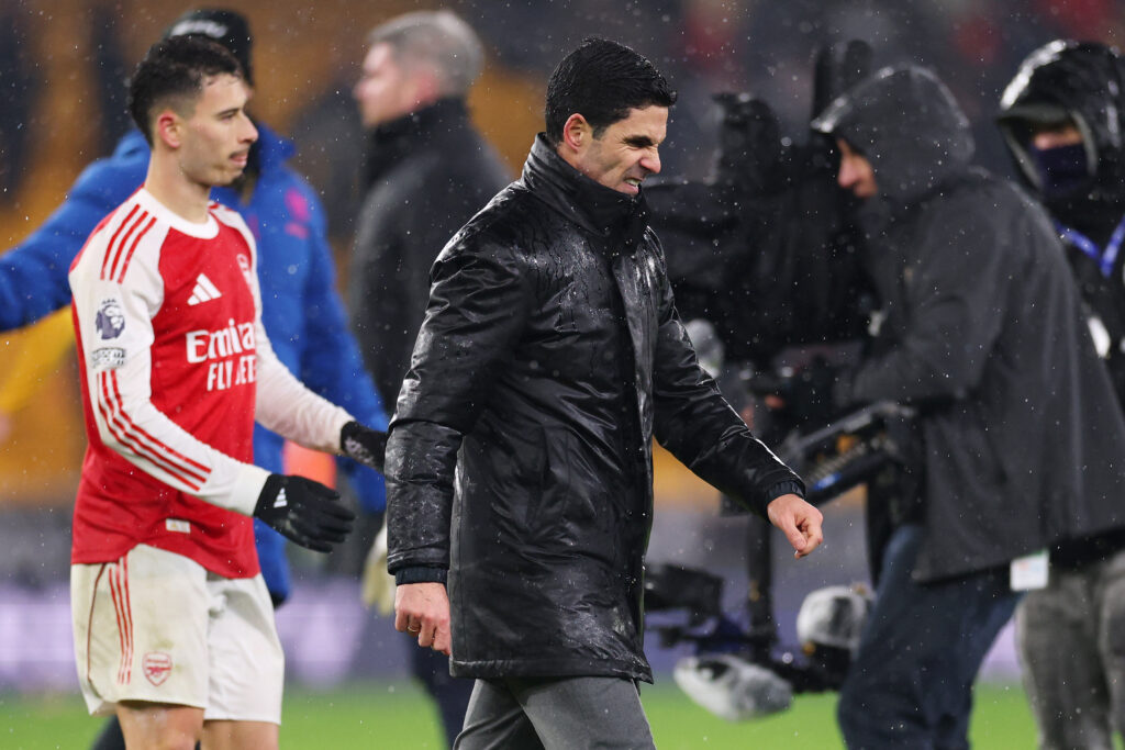 WOLVERHAMPTON, ENGLAND - FEBRUARY 18: Mikel Arteta, Manager of Arsenal, reacts following the draw in the Premier League match between Wolverhampton Wanderers and Arsenal at Molineux on February 18, 2026 in Wolverhampton, England. (Photo by Michael Regan/Getty Images)