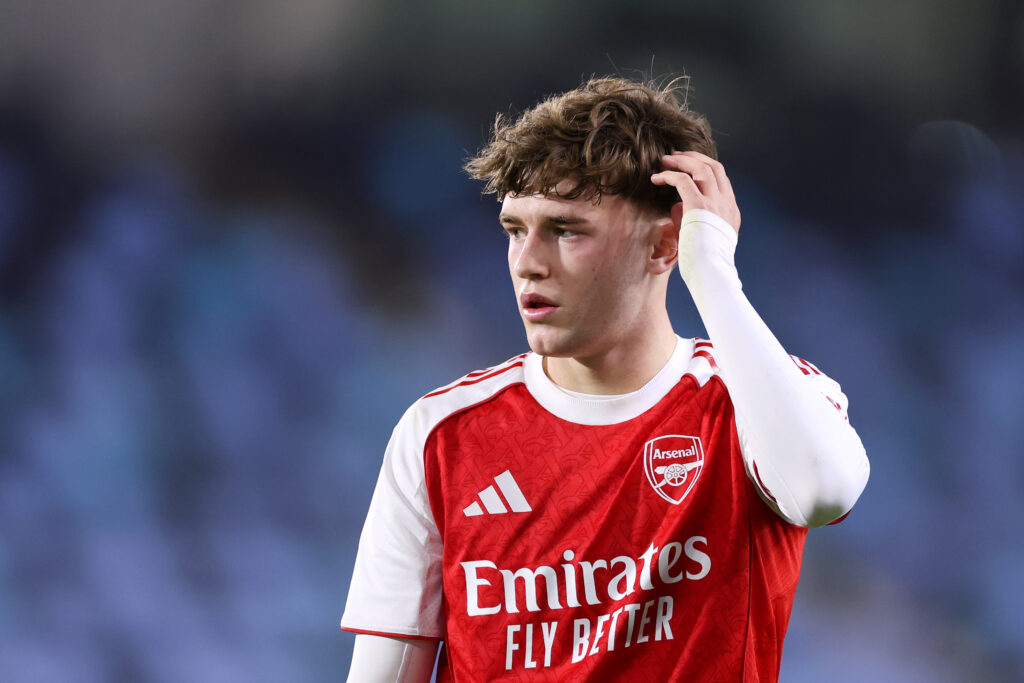 MANCHESTER, ENGLAND - JANUARY 16: Ceadach O'Neill of Arsenal reacts during the FA Youth Cup Fourth Round match between Manchester City and Arsenal at Joie Stadium on January 16, 2026 in Manchester, England. (Photo by Lewis Storey/Getty Images)