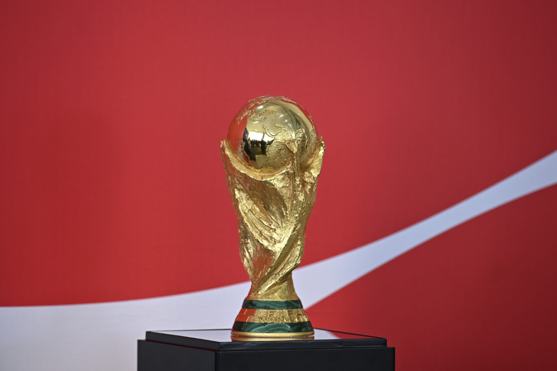 View of the World Cup trophy, as part of the FIFA Trophy Tour at Planalto Palace on February 26, 2026 in Brasilia, Brazil. The tour makes 75 stops ...